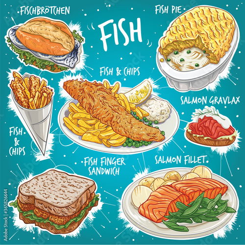 Hand drawn vector set of seafood varieties.