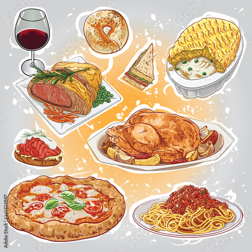 Hand drawn vector illustration set of comfort food varieties.
