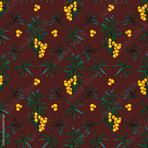 Seamless pattern with sea buckthorn leaves and branches. Background with leaves and yellow berries. Fashionable textile  fabric  packaging.