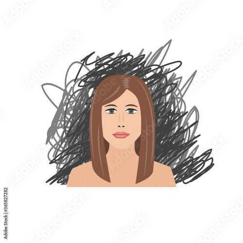 Scared and depressed girl on black scrawl background. Vector illustration