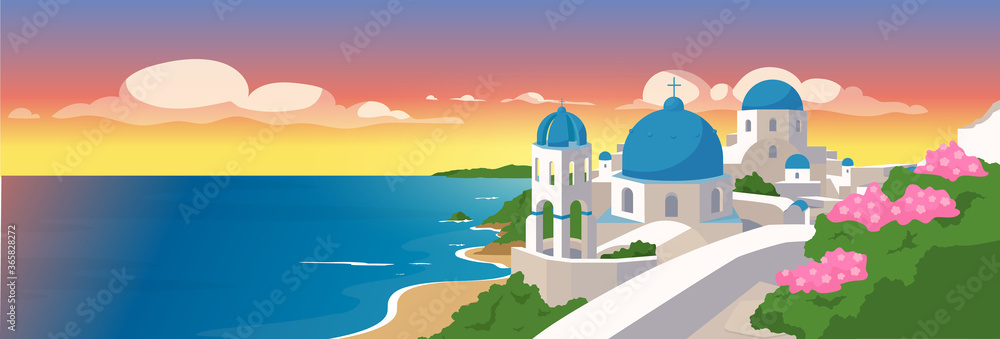 Santorini islands flat color vector illustration - obrazy, fototapety, plakaty 