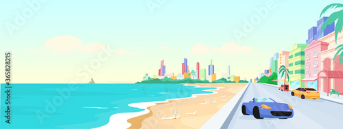 Miami beach at daytime flat color vector illustration