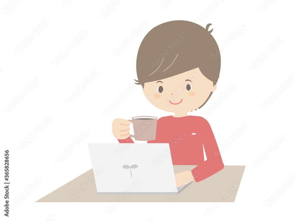 Young man drinking coffee while looking at a laptop. Young man drinking coffee while looking at a laptop.