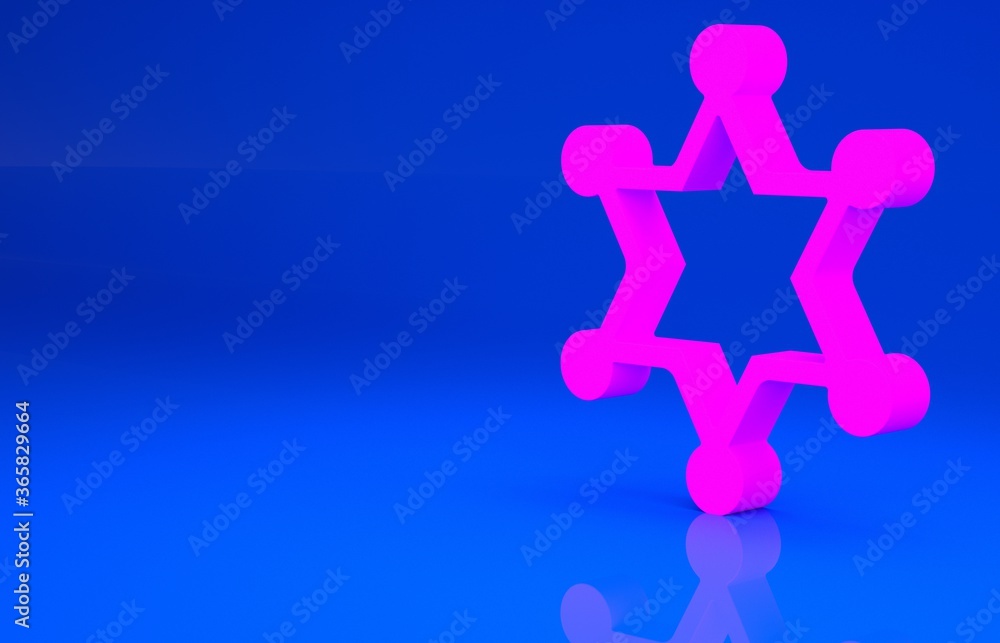 Pink Hexagram sheriff icon isolated on blue background. Police badge icon. Minimalism concept. 3d illustration. 3D render.. Pink Hexagram sheriff icon isolated on blue background. Police badge icon. Minimalism concept. 3d illustration. 3D render..