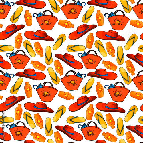 seamless pattern, vacation at sea, women's hat, flip-flops, sunscreen, bag, wallpaper and fabric, scrapbooking paper