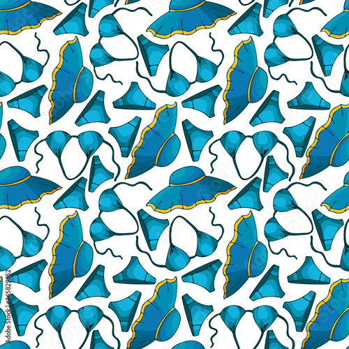 vector, seamless pattern, vacation at sea, women's hat, swimsuit, bikini, ornament for wallpaper and fabric, scrapbooking paper