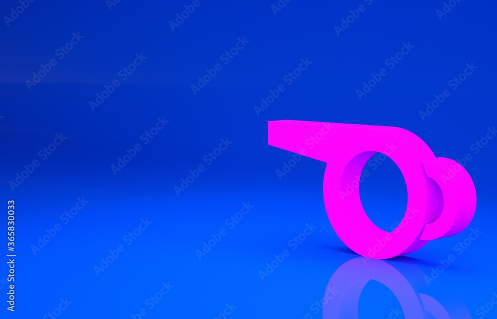 Pink Whistle icon isolated on blue background. Referee symbol. Fitness and sport sign. Minimalism concept. 3d illustration. 3D render.. Pink Whistle icon isolated on blue background. Referee symbol. Fitness and sport sign. Minimalism concept. 3d illustration. 3D render..