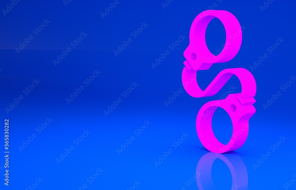 Fototapeta premium Pink Handcuffs icon isolated on blue background. Minimalism concept. 3d illustration. 3D render..