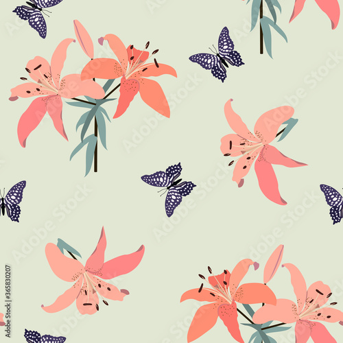 Seamless vector illustration with gladiolus and butterflies on a light gray background.