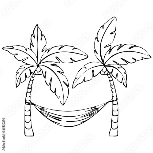 vector illustration in doodle style, in black, palm trees and hammock, vacation at sea, isolate on a white background