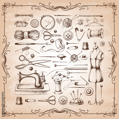 Set of needlework - scissors, measuring tape, mannequin, sewing on old paper . Retro vintage style. Vector illustration.