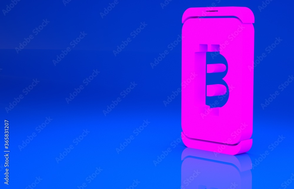 Pink Mining bitcoin from mobile icon isolated on blue background. Cryptocurrency mining, blockchain technology service. Minimalism concept. 3d illustration. 3D render.. Pink Mining bitcoin from mobile icon isolated on blue background. Cryptocurrency mining, blockchain technology service. Minimalism concept. 3d illustration. 3D render..