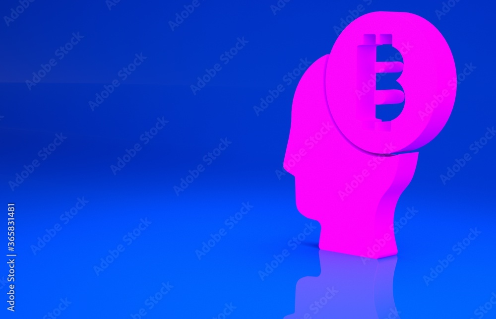 Pink Bitcoin think icon isolated on blue background. Cryptocurrency head. Blockchain technology, digital money market, cryptocoin wallet. Minimalism concept. 3d illustration. 3D render.. Pink Bitcoin think icon isolated on blue background. Cryptocurrency head. Blockchain technology, digital money market, cryptocoin wallet. Minimalism concept. 3d illustration. 3D render..