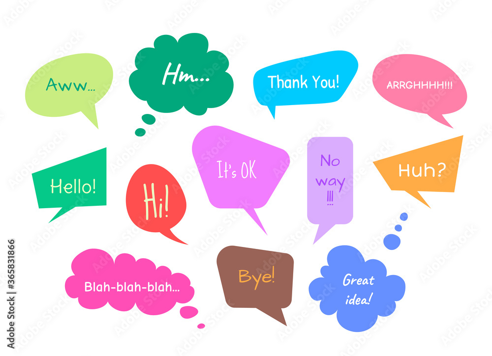 Cartoon Color Different Speech Thought Bubbles Icons Set. Vector