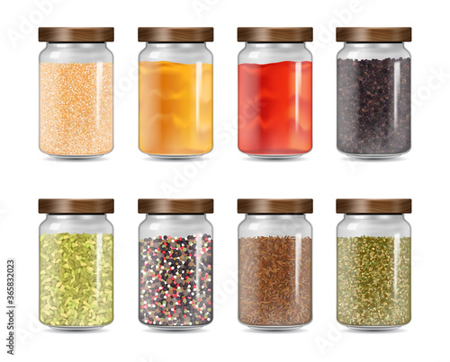 Realistic Detailed 3d Herbs Spices Jars Set. Vector