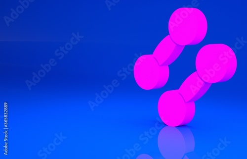 Pink Dumbbell icon isolated on blue background. Muscle lifting icon, fitness barbell, gym, sports equipment, exercise bumbbell. Minimalism concept. 3d illustration. 3D render..