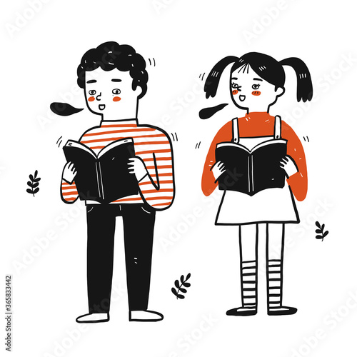 Young students boy and girl holding book