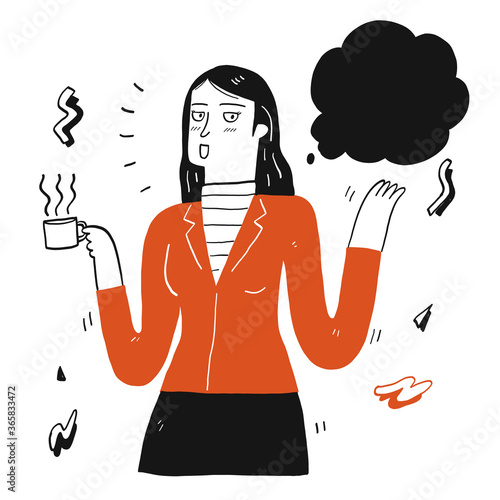 Pretty woman holding cup of coffee and talking