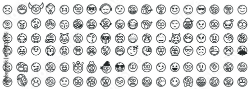 Set Of DIfferent Black Line Smile Vector Icon Emoticons Sign Doodle