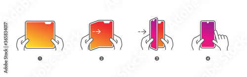 Smart Phone Tablet with Foldable Screen. Step by step folding unfolding manual instructions. Vector Isolated.