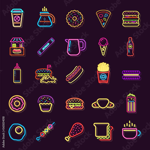 Streetfood Fast Food Drink Neon Sign. Fastfood Restaurant, Burger Cafe or Pizzeria Design. Glowing light signboard. Vector.