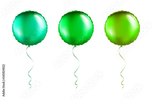 Set of Green Round Shaped foil balloons on transparent white background. Party Balloons event design decoration. Mockup for balloon print. Vector.