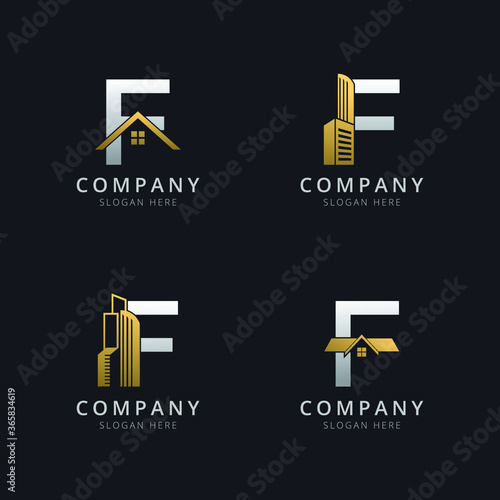 Initial F logo with real estate elements in gold and silver color