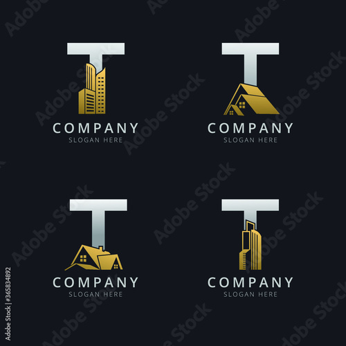 Initial T logo with real estate elements in gold and silver color