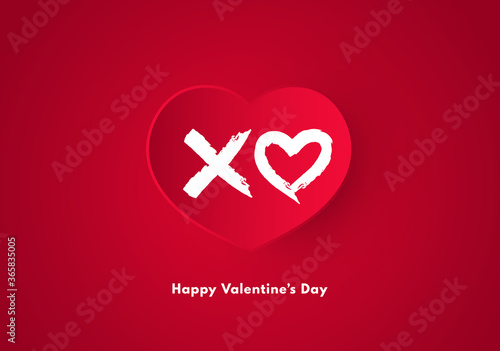 Happy Valentine day banner, holiday elements isolated on red background. Vector illustration. Red paper hearts and white brush letter X and heart, hugs and kisses.