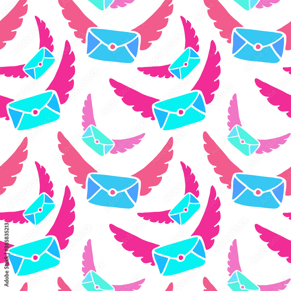 Cute pattern with flying envelopes and pink wings. Childish vector Background. Design for web, print and textile.