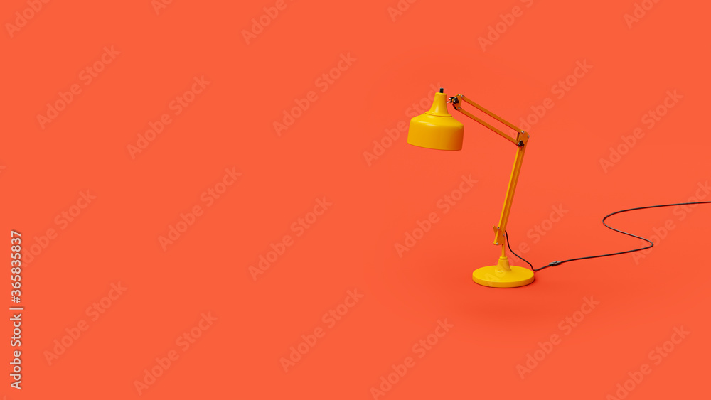 Yellow modern table lamp on red background in studio, web banner or template, 3d rendering