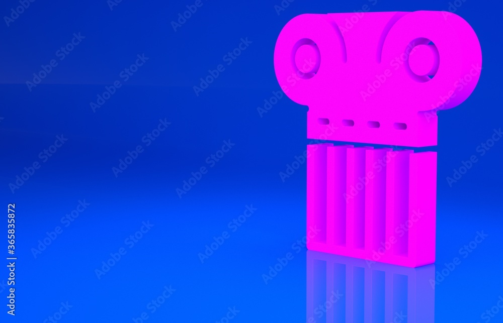Pink Ancient column icon isolated on blue background. Minimalism concept. 3d illustration. 3D render..