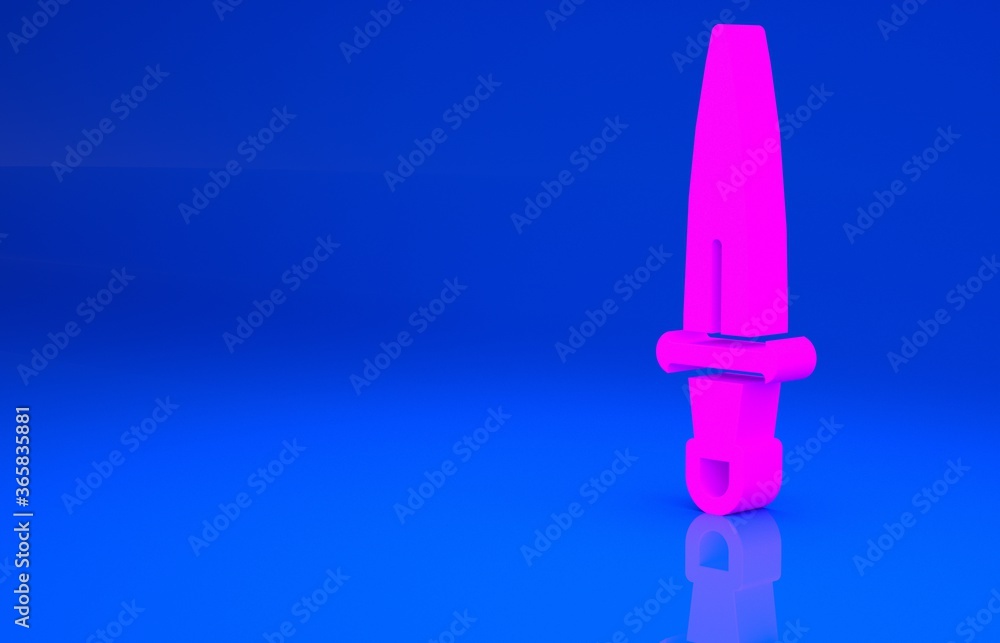Pink Dagger icon isolated on blue background. Knife icon. Sword with sharp blade. Minimalism concept. 3d illustration. 3D render.. Pink Dagger icon isolated on blue background. Knife icon. Sword with sharp blade. Minimalism concept. 3d illustration. 3D render..