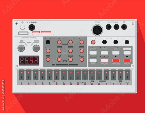 Realistic popular synthesizer. Vector illustration, studio equipment. Electronic music theme. Instrument for sound synthesis. Sampler. Groove-machine. Bass synthesizer. Drum-machine. T-shirt material.