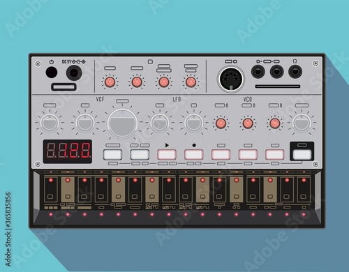 Realistic popular synthesizer. Vector illustration, studio equipment. Electronic music theme. Instrument for sound synthesis. Sampler. Groove-machine. Bass synthesizer. Drum-machine. T-shirt material. photo