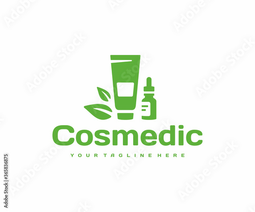 Natural cosmetic cream logo design. Natural organic beauty product vector design. Cosmetics with herbal ingredients logotype