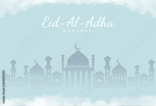 The background design of Eid al-Adha mubarak with the mosque above the clouds.