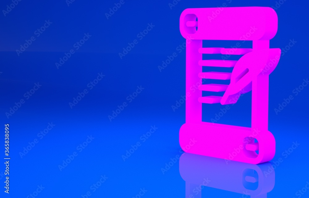 Pink Decree, paper, parchment, scroll icon icon isolated on blue background. Minimalism concept. 3d illustration. 3D render.. Pink Decree, paper, parchment, scroll icon icon isolated on blue background. Minimalism concept. 3d illustration. 3D render..