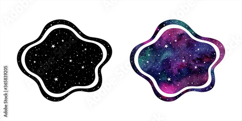 Colorful cosmic, cosmos, space watercolor vector background, text frame, graphic design element. Uneven fluid shape with wavy edge. Galaxy, universe, night sky with stars. Watercolour stains texture.