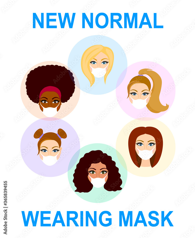 New normal wearing mask poster. Women wearing masks. Racial diversity