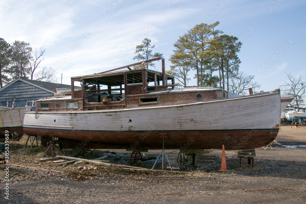 Old antique wooden boat restoration.