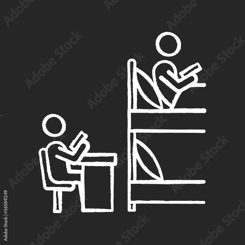 Roommates chalk white icon on black background. Flatmates studying in dormitory room. University students sharing common room, bunk bed. Isolated vector chalkboard illustration