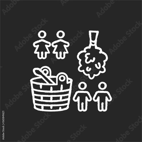 Single sex sauna chalk white icon on black background. Public bathhouse with gender restriction. Finnish, russian banya recreation. People, bucket and broom isolated vector chalkboard illustration