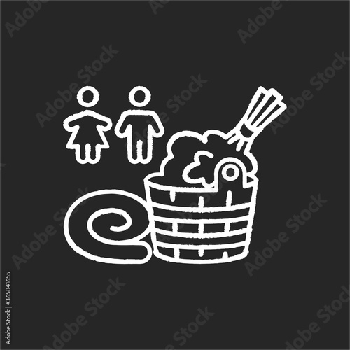 Mixed sex sauna chalk white icon on black background. Bathhouse for men and women. Steam bath with no gender restriction. People, water bucket and broom isolated vector chalkboard illustration