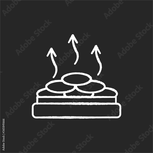 Dry heat sauna chalk white icon on black background. Spa resort recreation, bathhouse relaxation. Heat therapy, vaporarium. Hot stones on electric heater isolated vector chalkboard illustration