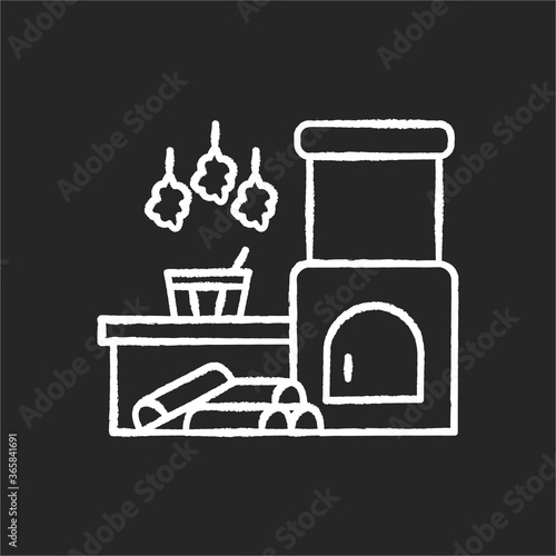 Russian banya chalk white icon on black background. Traditional bathhouse on firewood. Sauna relaxation. National russian oven with brooms and water bucket isolated vector chalkboard illustration