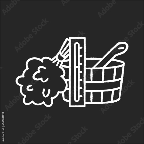 Sauna accessories chalk white icon on black background. Bathhouse relaxation, steam therapy. Banya attributes. Termometer, broom, water bucket and spoon isolated vector chalkboard illustration