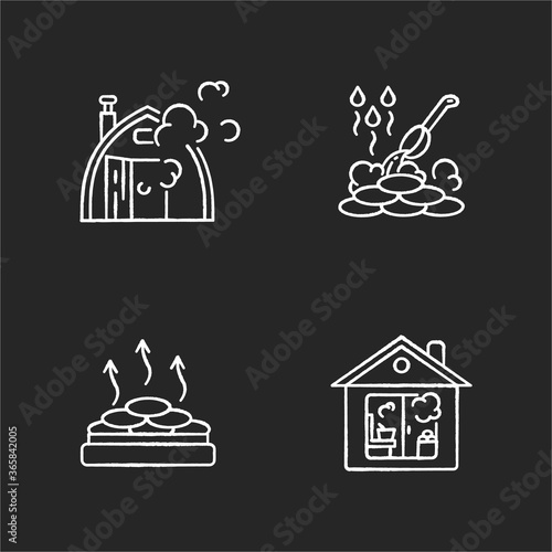 Sauna types chalk white icons set on black background. Different bathhouses. Steam bath, dry heat, indoor and outdoor saunas. Finnish and russian baths. Isolated vector chalkboard illustrations