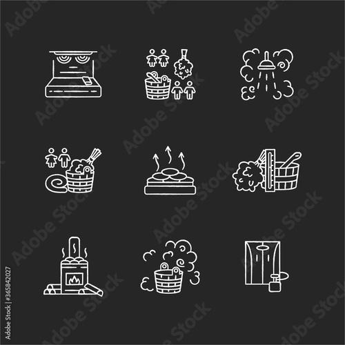 Steam treatment chalk white icons set on black background. Finnish and russian sauna culture, healthy lifestyle. Steam bath types and bathhouse accessories. Isolated vector chalkboard illustrations