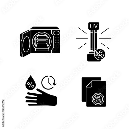 Disinfection equipment black glyph icons set on white space. UV lamp, autoclave and antibacterial wipes silhouette symbols. Sanitation tools, professional disinfectants. Vector isolated illustrations